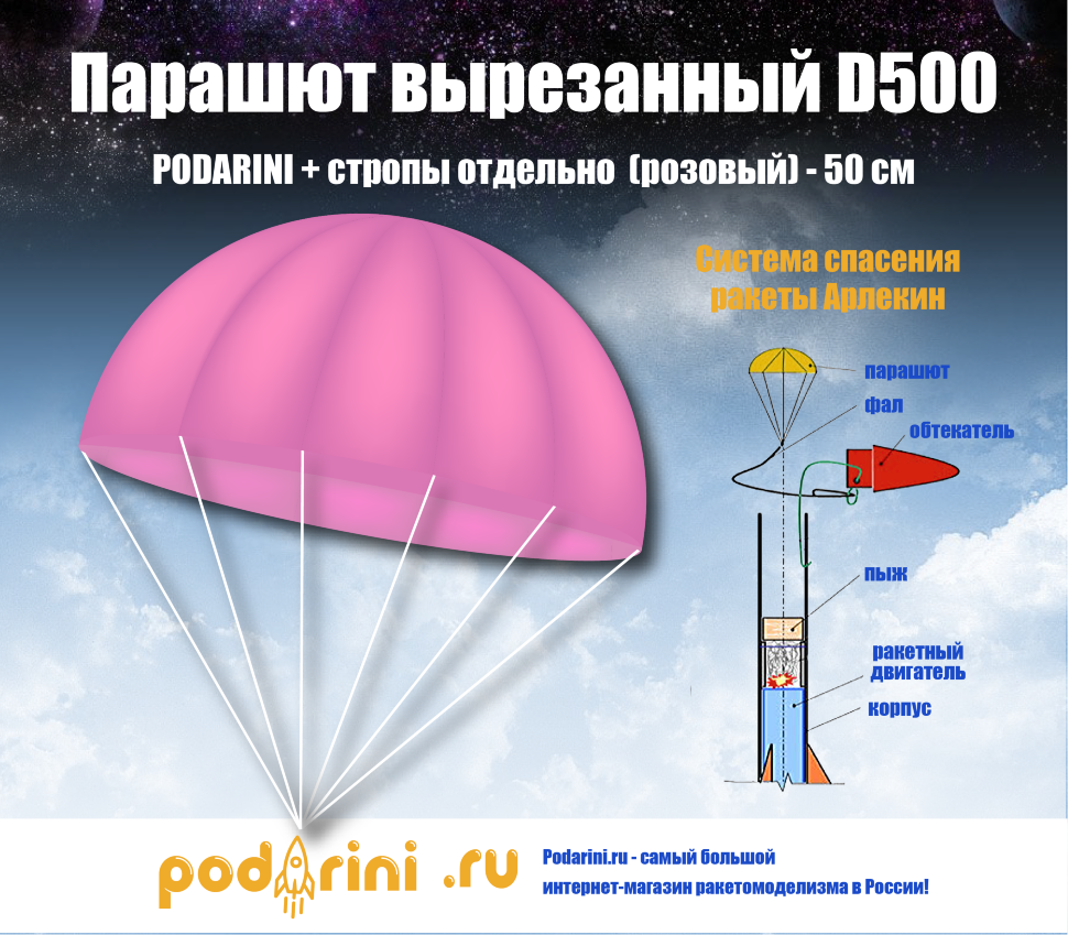Парашют вырезанный D500  (PODARINI) + стропы отдельно (розовый) - 50 см